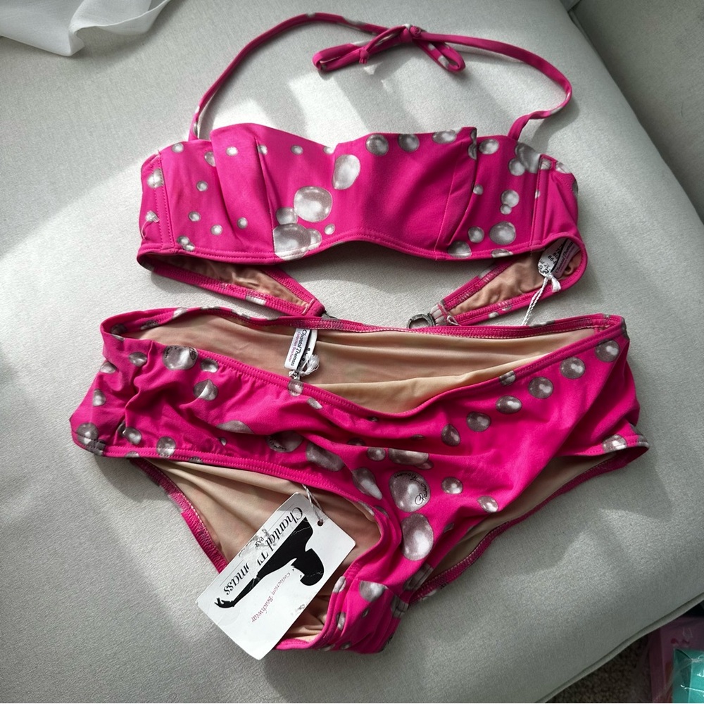 Chantal Thomass Bikini Set Swimsuit Pearl Hot Pink Vintage Novelty Print 🦪💗